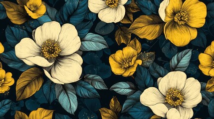 Floral Pattern, Elegant Blossoms, Dark Background.  Possible Use  Wallpaper, Fabric, Wrapping Paper