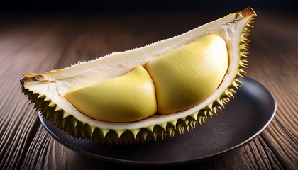 fresh durian fruit with spiky shell and creamy yellow flesh