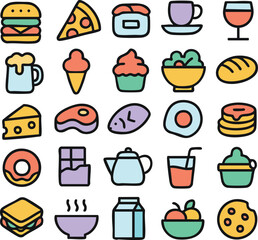 Colorful Food and Drink Icons Collection.
