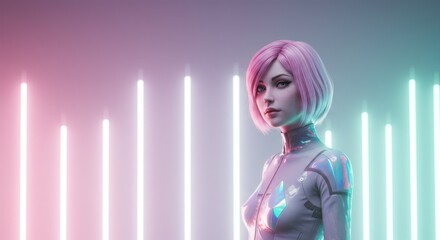 Futuristic Woman with Pink Hair Wearing Sci-fi Suit Standing in Neon Light Environment