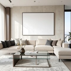 Living room interior with blank framed mockup above beige sectional sofa glass coffee table and rug