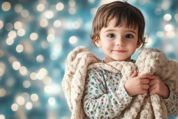 Fotobehang Dierenarts Child holding a soft blanket with a twinkling backdrop of lights during a cozy moment at home  © YouraPechkin