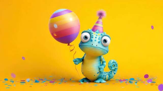 cute camelion with birthday balloon on colorful confetti background illustrated animation