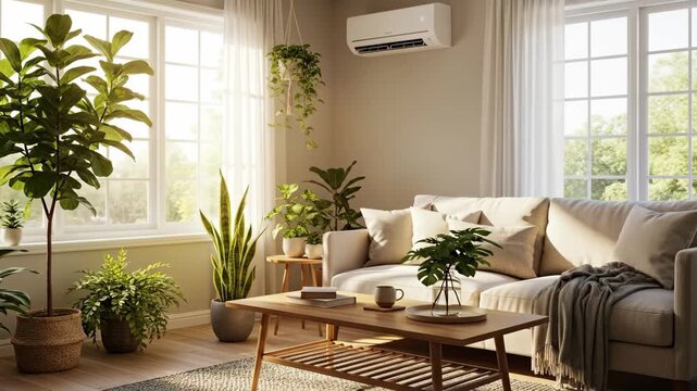 Sunlit Living Room with Air Conditioning and Plants - A bright and airy living room features a comfortable beige sofa, numerous potted plants, and a modern air conditioning unit.