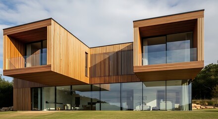 Modern residence featuring a striking wood facade and expansive glass panels creating an open living space