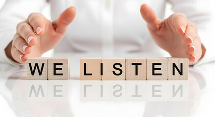 Hands Framing Wooden Cubes Spelling We Listen on White Reflective Surface