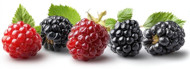 Fresh raspberries and blackberries with leaves