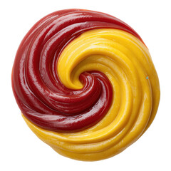 Tight ketchup and mustard rosette, yellow core wrapped in red, delivered as a transparent PNG cutout with no shadow. Ideal for menus, packaging, labels, recipe pages and food branding.