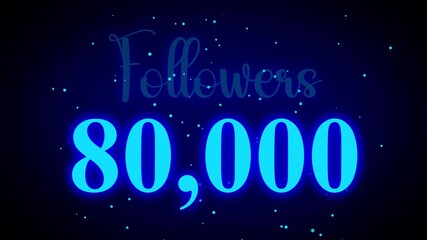 Futuristic Glowing Blue Neon Light 80,000 Followers Text Reveal With Floor Reflection Amid The Falling star Snow On blue Background, Seamless Looping new year, celebrating followers milestone.