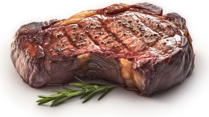 Deliciously seared steak with rosemary sprig on a white backdrop