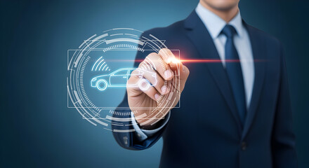 Man in Dark Blue Business Suit Touching Virtual Digital Circle on Blue Background