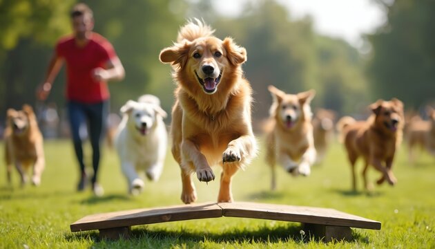 Pro dog trainer leads energetic group of dogs through outdoor agility course. Dogs jump over obstacles showing enthusiasm, skill. Focus on canine fitness, training, happy pets enjoying activity.