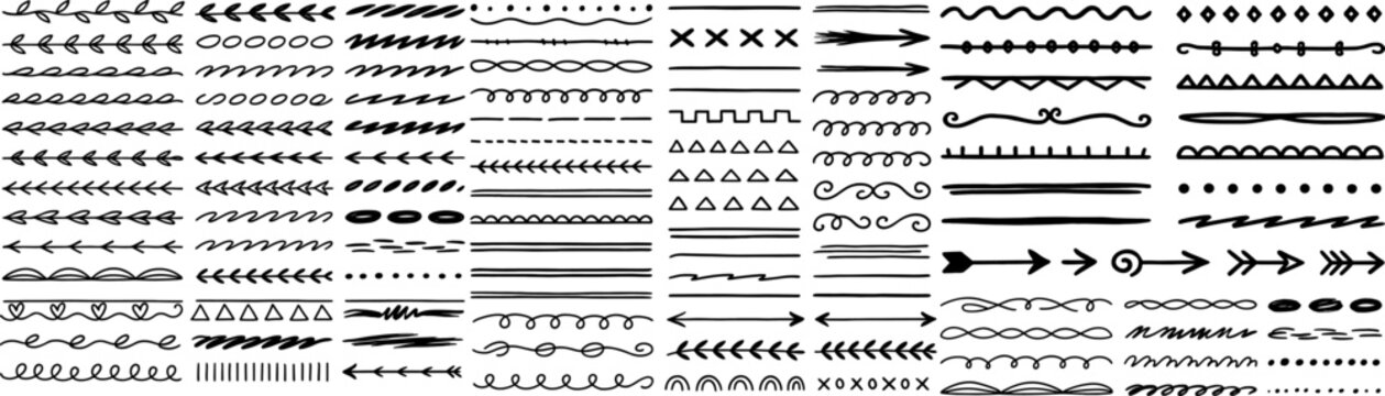 Frame decoration set. Large set of black-and-white sketchy decorative lines, borders, and arrows for planners, bullet journals, invitations, scrapbooking, and design accents, printable. Vector