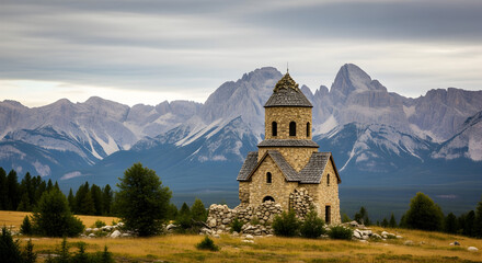 Old Stone Church Ruins with Mountain Backdrop in Rural Landscape Setting on Cloudy Day