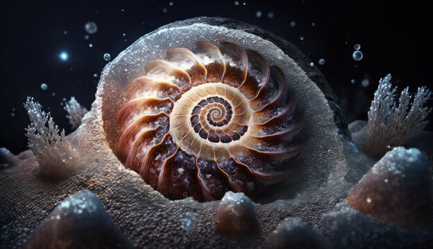 Fractal ammonite with pearl, ancient snail with spiral pattern crystal shell.