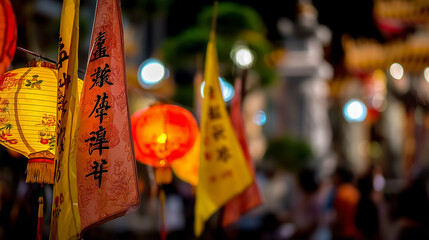 Glowing Yellow and Red Lanterns with Sacred Calligraphy during Phuket Vegetarian Festival Cultural Celebration in Thailand