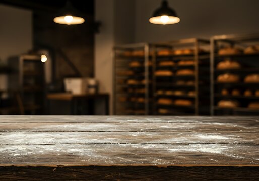 Empty wooden table in a bakery with shelves of bread in the background mockup, commercial usage