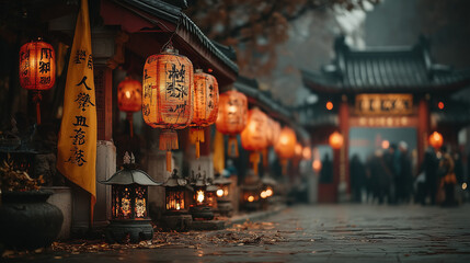 Lanterns Glowing in Temple Street during Phuket Vegetarian Festival Night Celebration with Devotion and Sacred Atmosphere in Thailand