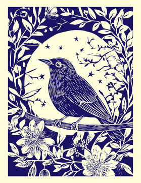 landscape lino cut illustration drawing flower illustration tree mountain flowers road park bird moon finch