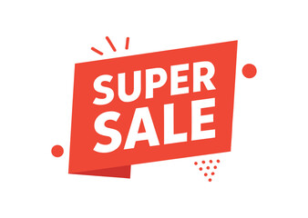 Flat vector banner design text SUPER SALE bold font red and white palette cut rectangle badge isolated on white