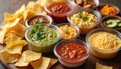 Assortment of colorful dips like salsa, guacamole, crema, cheese, served with tortilla chips on wooden surface. Fresh ingredients in clear containers offer delicious, healthy snack option for
