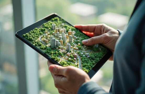 Person examines 3D urban development model on tablet device. Digital city planning visualization showcases buildings, roads, and green spaces, representing real estate and architecture innovation.