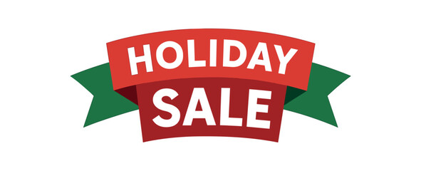 Flat vector banner design text HOLIDAY SALE bold clean font green and red palette ribbon festive style isolated on white