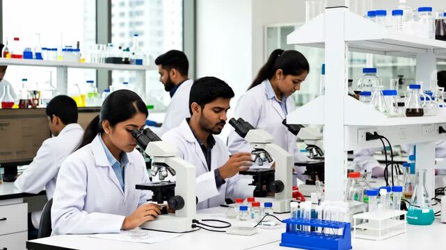 Young Indian Scientists Working in a Modern Lab - A team of young Indian scientists conducts research in a modern laboratory setting. - Powered by Adobe