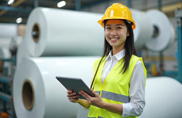 Smiling Asian female engineer in yellow hard hat, safety vest uses tablet in factory warehouse. Large rolls of material in background. Woman uses technology for production, logistics, management.