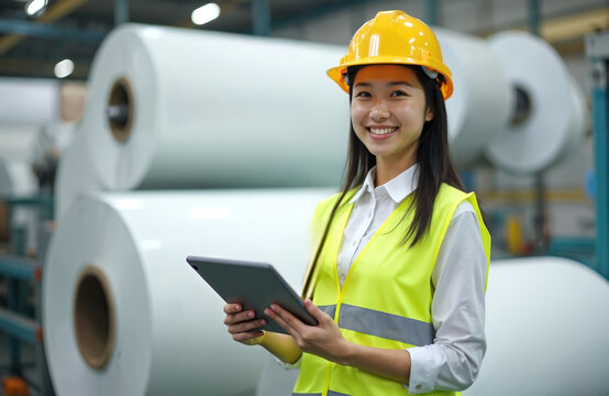 Smiling Asian female engineer in yellow hard hat, safety vest uses tablet in factory warehouse. Large rolls of material in background. Woman uses technology for production, logistics, management.