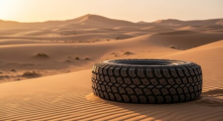 Tire rests on sand dune crest, with more dunes receding in background
