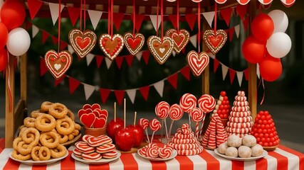 A Delightful Candy Wonderland: A Colorful Festival of Heart-Shaped Treats, Lollipops, and Pastries Evoking Love and Joy in Every Bite