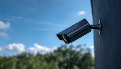 A modern surveillance camera is fixed to an exterior wall, overlooking the green outdoor area under a bright blue sky featuring scattered clouds, captured within natural daylight