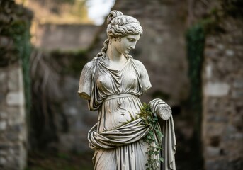 Obraz premium Ancient marble statue in an old garden, nature embracing classic sculpture