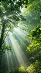 Sunlight streams through a dense vibrant green forest canopy creating magical light beams in nature