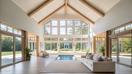 Fototapeta premium Spacious modern living room with vaulted ceiling and large windows overlooking a garden