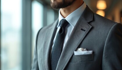Elite custom grey men suit, dark textured tie detail. Asian businessman formal attire, half-length shot. Crisp white shirt collar, pocket square. Sharp pro look for business, success, weddings.