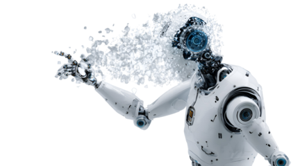 White Robot Disintegrating Presenting Data