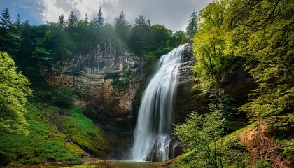 Fototapeta premium majestic waterfall flowing from cliff surrounded by lush forest