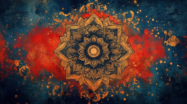 Ornate mandala design, vibrant background, artistic texture, print use