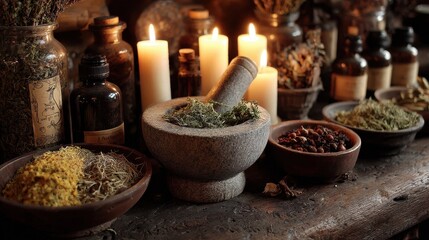 Wicca Herbs. Kitchen Witchery with Mortar and Pestle. Herbalist Ingredients for Wiccan Altar.
