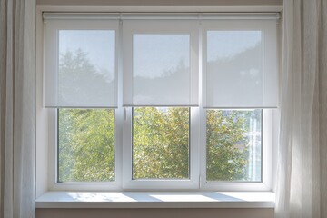 Fototapeta premium Window Vertical Shades. Beautiful Aluminium Roller Blinds for Modern Day Interior Decor