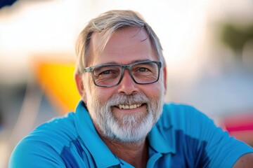 Mature man with glasses smiling warmly by the seaside during a sunny day