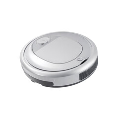 Modern Silver Robotic Vacuum Cleaner Isolated on Black Background