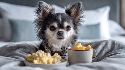 A little chihuahua dog eating breakfast in bed in a pet-friendly hotel, embodying comfort and relaxation.