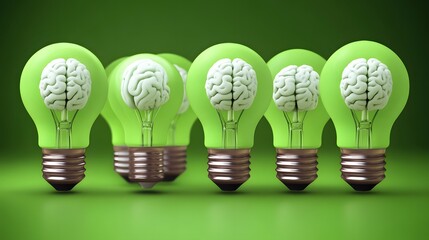 Green Light Bulbs with Brains Inside, Innovative Ideas Concept