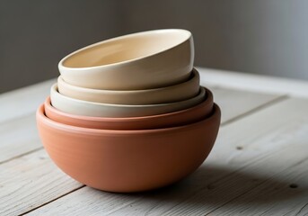 Terracotta Harmony: A Serene Still Life of Stacked Ceramic Bowls on a Wooden Surface