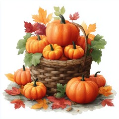 Illustration of a basket filled with pumpkins. Autumn harvest, surrounded by colorful fall leaves. Square festive card ideal for Thanksgiving and seasonal greeting designs