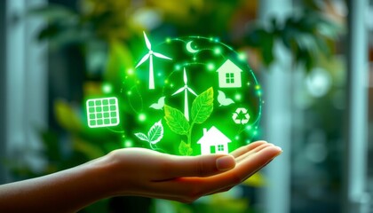 solar panel, wind turbine, leafy plant, recycling icon, sustainable home, Glowing web of light connecting the icons, forming a globe shape, lush green foliage, blurred