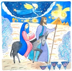 Watercolor illustration. Mary, Jesus and Joseph go to Egypt. It is beautiful for your print.